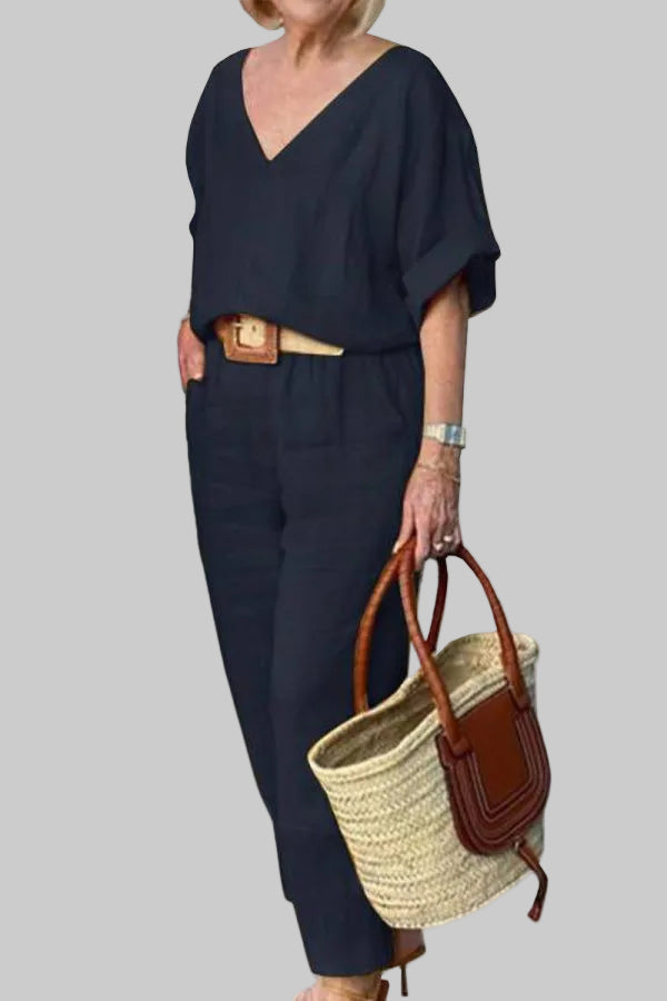 Women’s 2-Piece Set with V-Neck Batwing Top and Straight Leg Pants