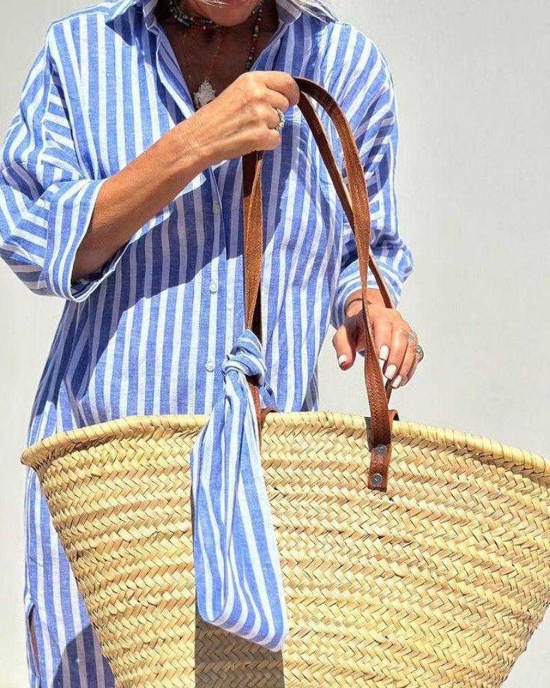 Women¡¯s Striped Midi Shirt Dress with Button Down Front and Side Slits