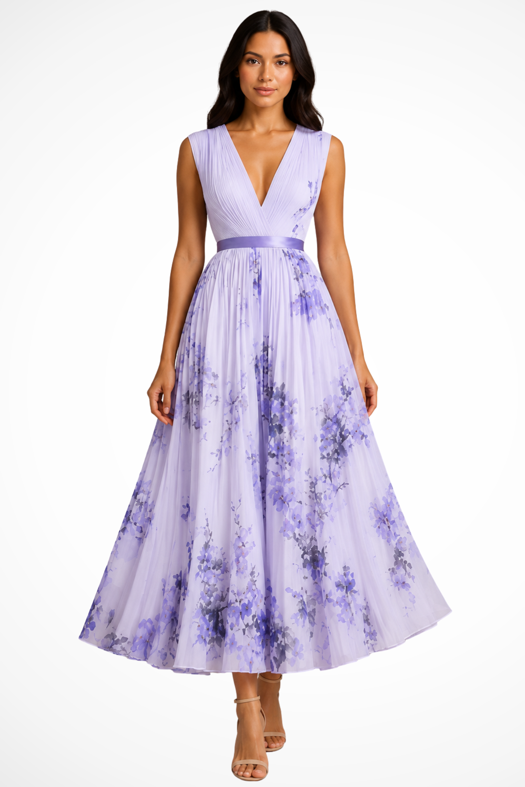 Women V Neck Floral Pleated Wedding Guest Petite Midi Dress