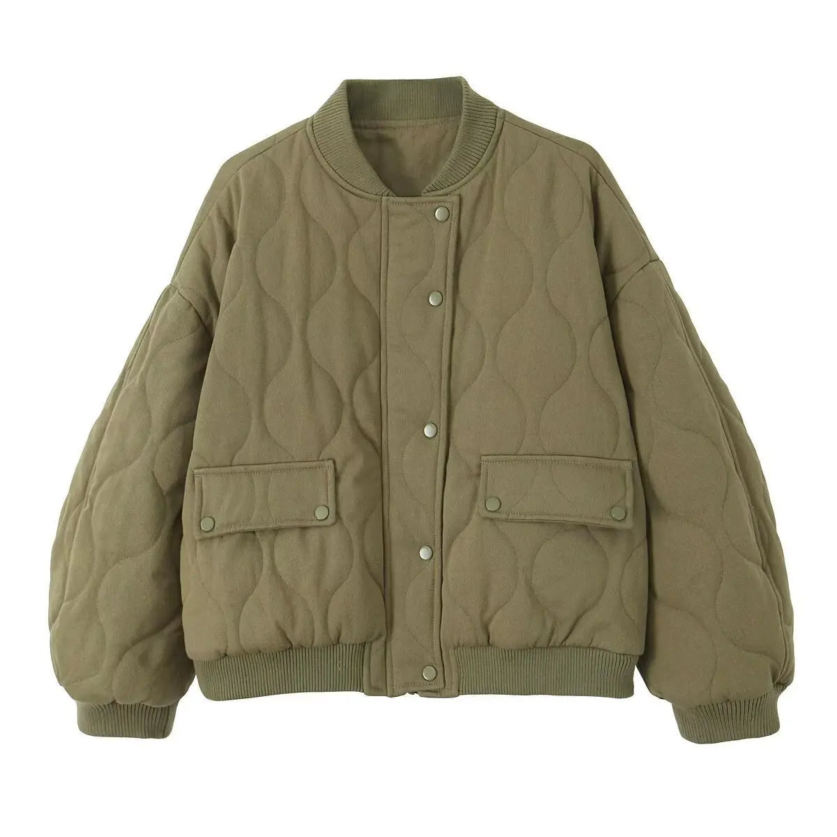 Women's Oversized Quilted Bomber Jacket with Ribbed Collar