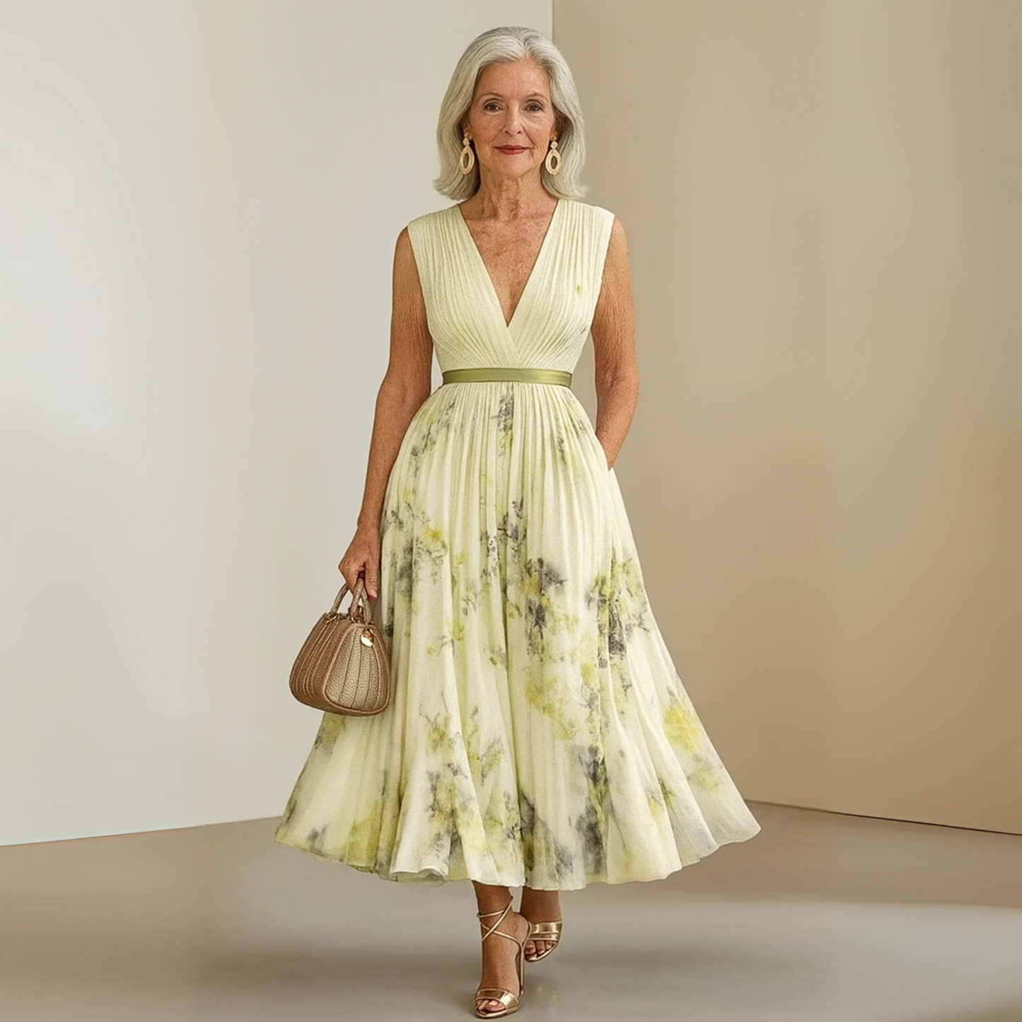 Women’s Pleated Maxi Dress V-Neck Watercolor Print Wedding Guest Gown
