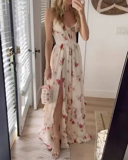 Women’s Floral Maxi Dress Corset Bodice High Slit Wedding Guest Gown