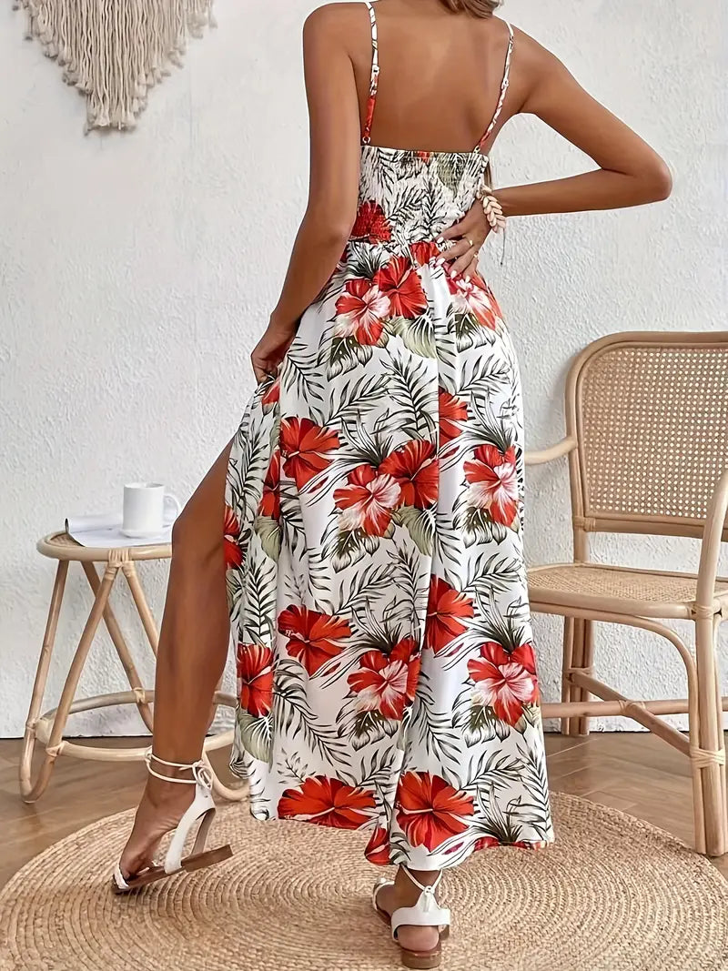 Women’s Maxi Dress Crochet Waist Tropical Print Summer Wedding Guest Gown