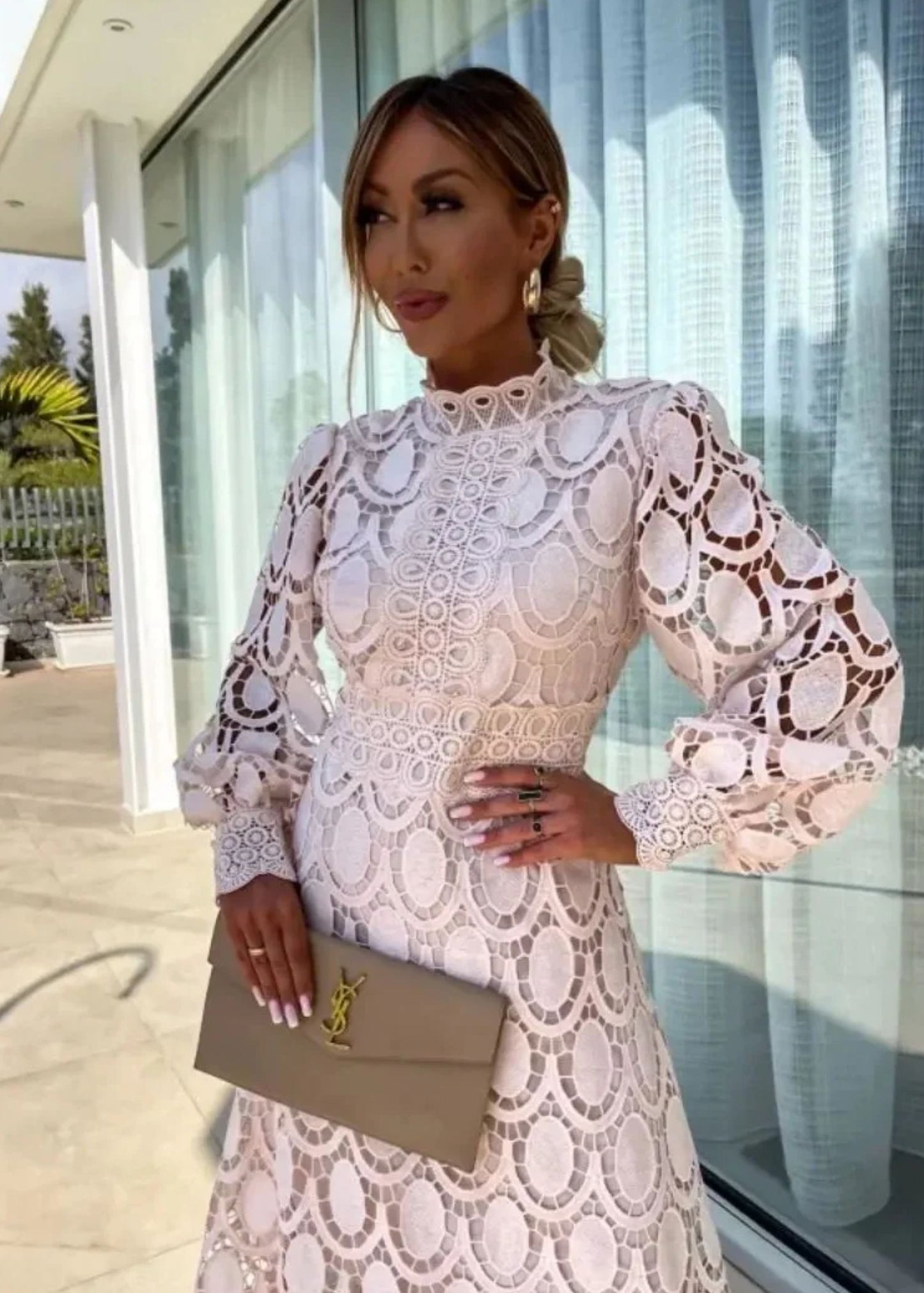 Women's Guilted Lace Maxi Dress with High Neck and Puff Long Sleeves