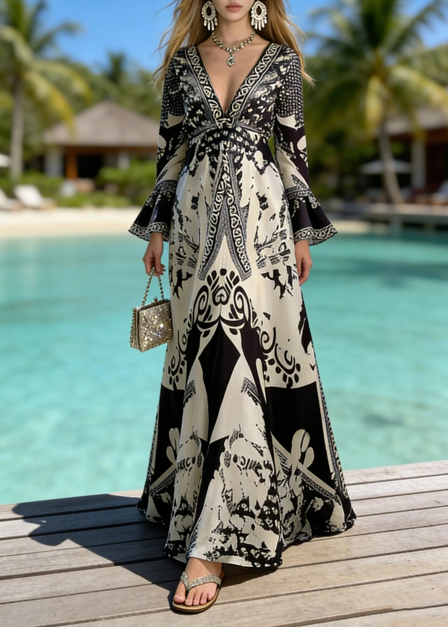 Women’s Maxi Dress with Vintage Manor Floral Print and Elegant V-Neckline