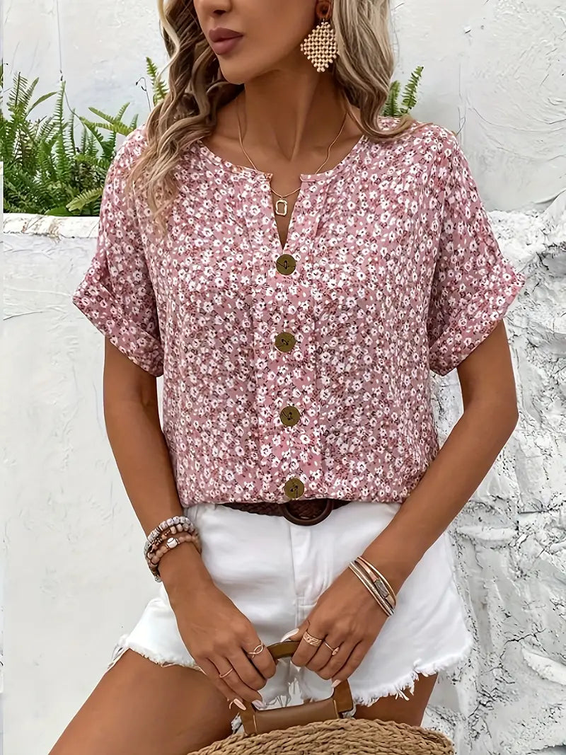 Women’s Short Sleeve Floral Blouse with Split V-Neck and Button-Down Front
