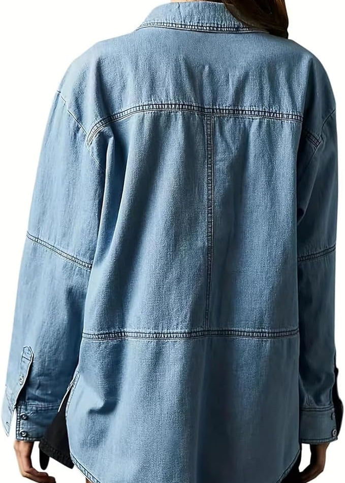 Ceylan Women’s Denim Pullover Blouse Pleated V-Neck Tunic