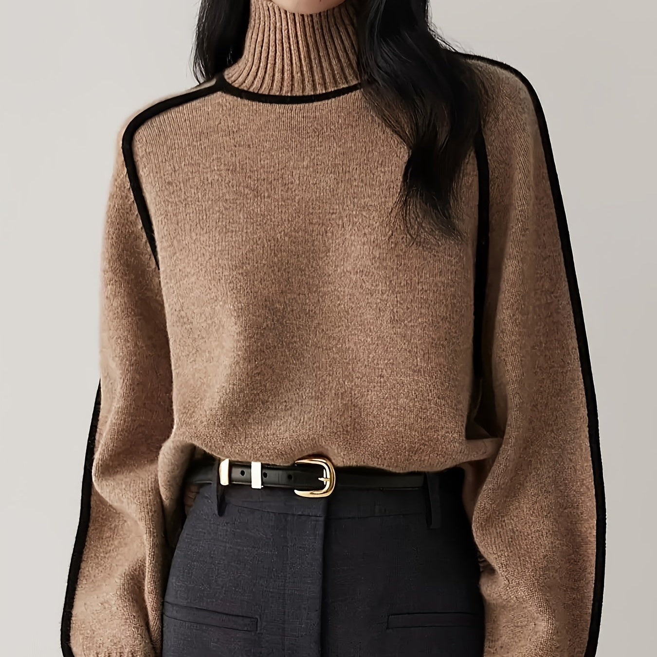 Ceylan Women's Contrast Trim Turtleneck Pullover Sweater