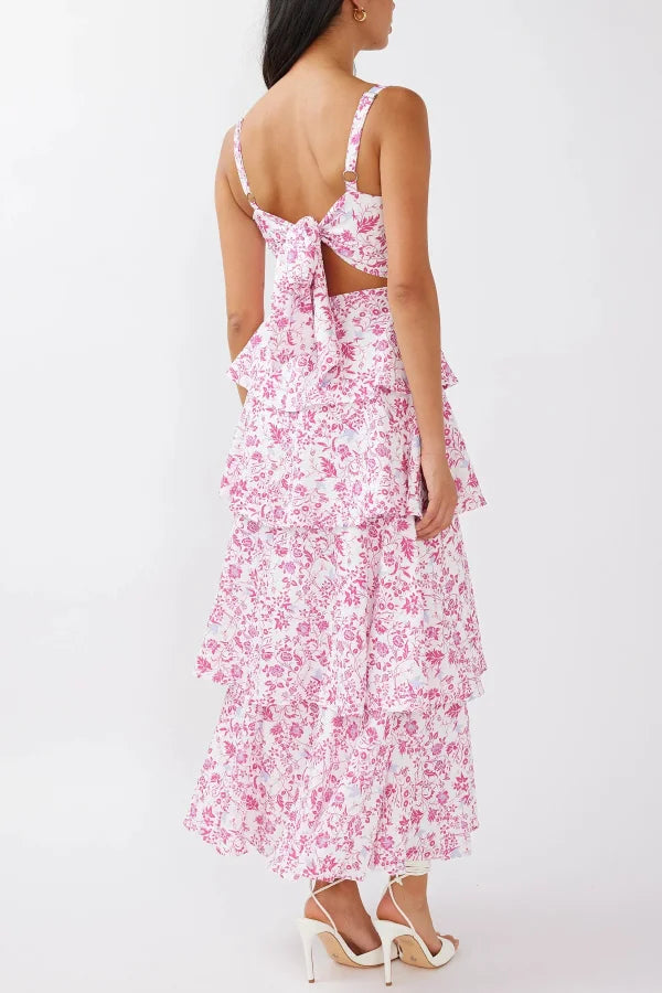 Women’s Tiered Maxi Dress with Square Neckline and Open Back Tie Detail