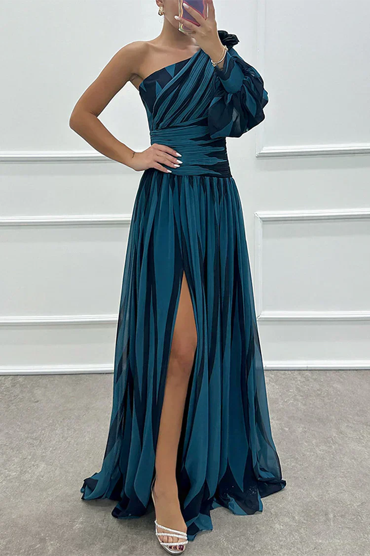 Women’s Maxi Dress with One-Shoulder Bodice and Asymmetric Diamond Pattern