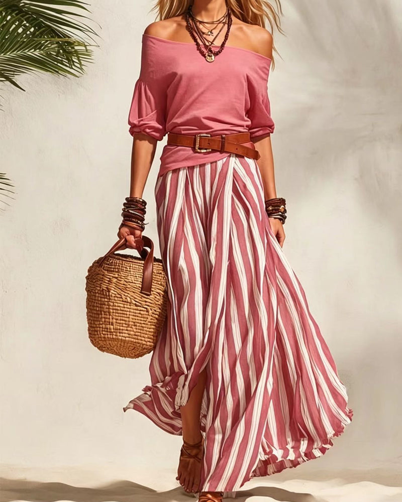 Women's Striped Maxi Skirt Set with Off-Shoulder Top for Effortless Style
