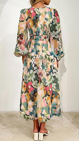 Women’s Midi Dress Floral Print V-Neck Long Sleeve Smocked Waist Gown