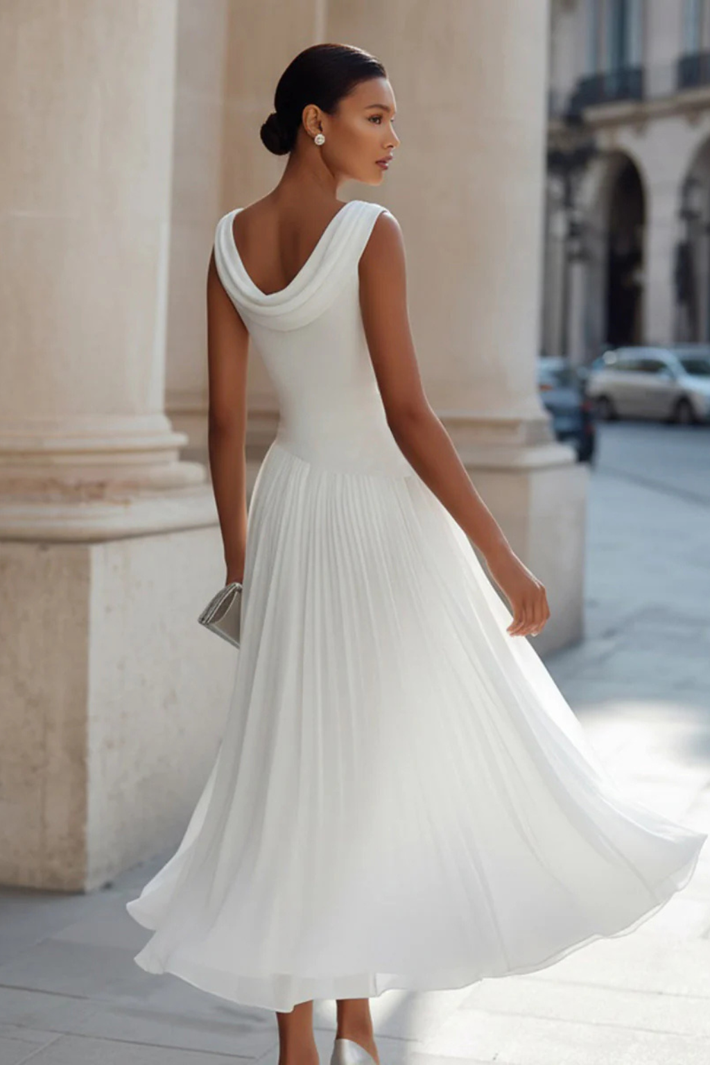 Women’s Midi Dress with Draped Cowl Neckline and Pleated Chiffon Skirt