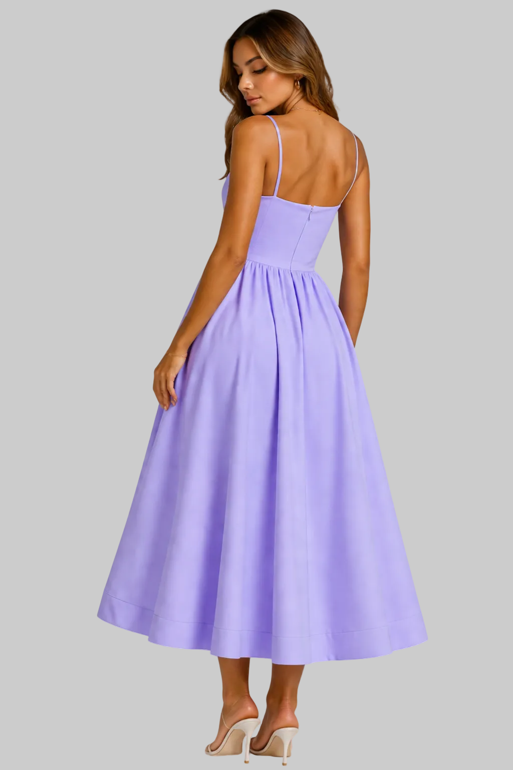 Women’s Midi Dress with Square Neckline and Flared Skirt