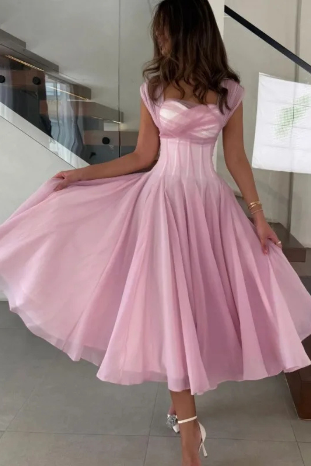 Women’s Midi Dress Sweetheart Corset Bodice Flared Tulle Gown