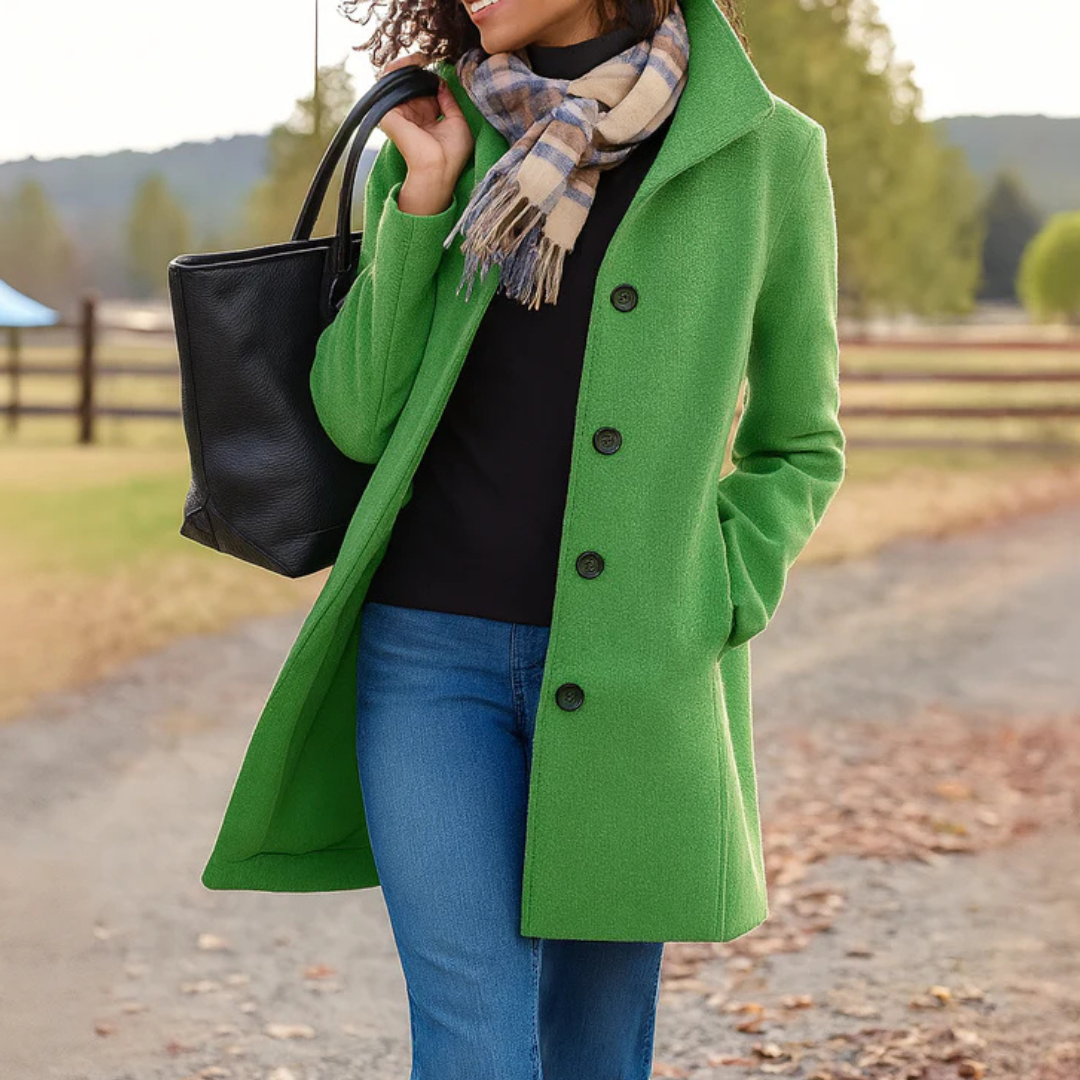 Women's Long Button-Front Winter Coat with Notch Collar