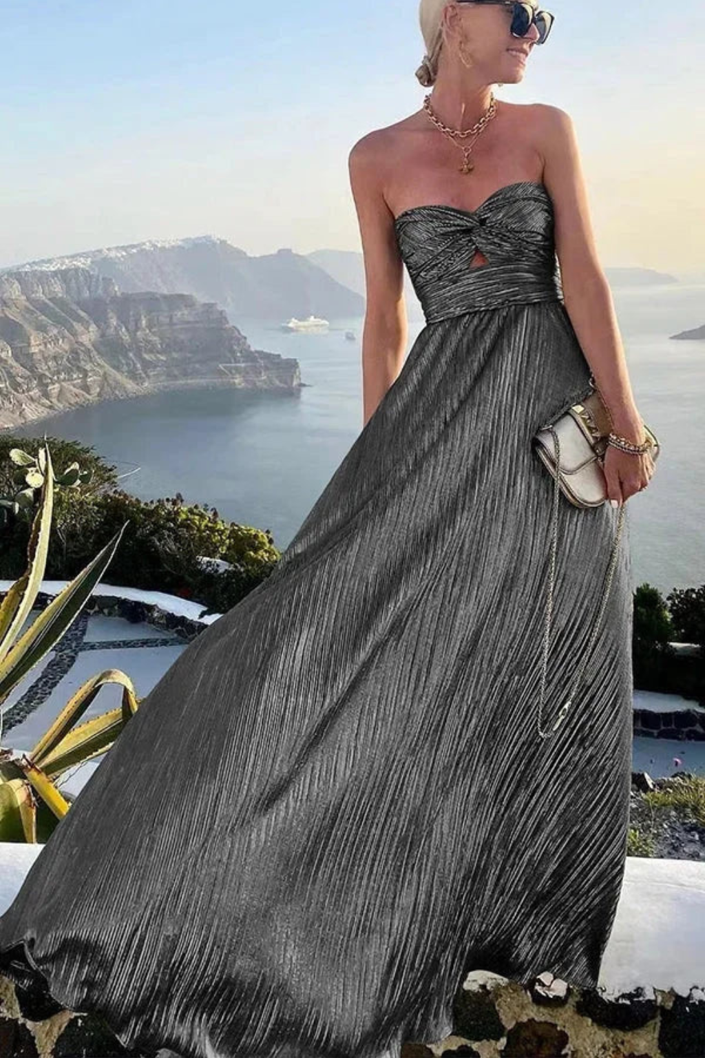 Women's Strapless Twist Front Pleated Wedding Guest Maxi Dress