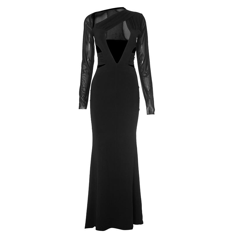 Women's Plunging Neck Cutout Maxi Dress with Long Sleeves