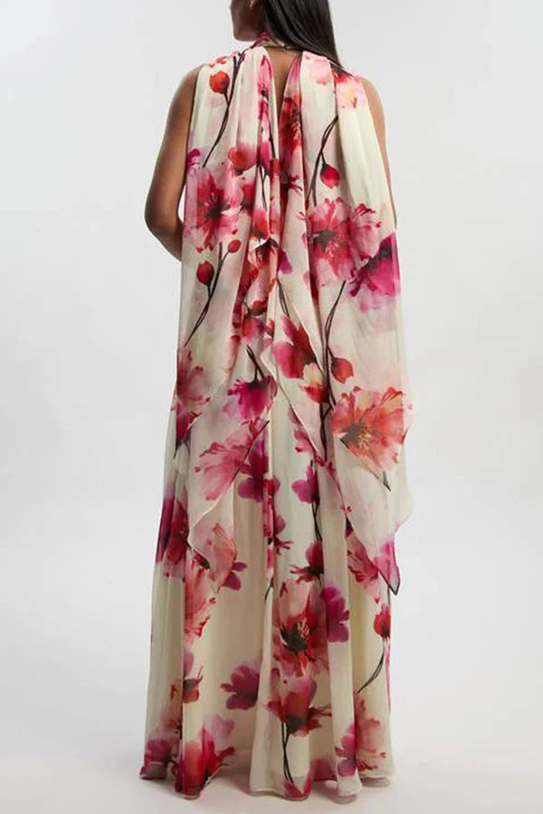 Women¡¯s Maxi Dress with Crinkle Chiffon Ruffle Trim and Cross-Front Halter Neck