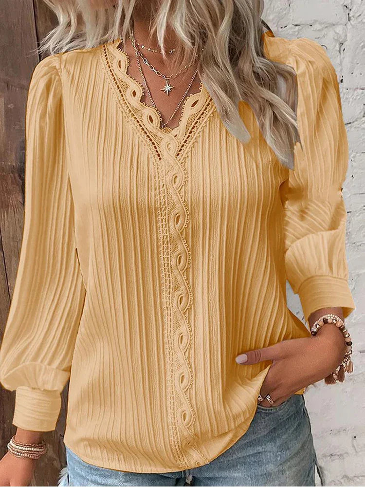 Women's V-Neck Long Sleeve Blouse with Elegant Lace Trim and Pleated Texture