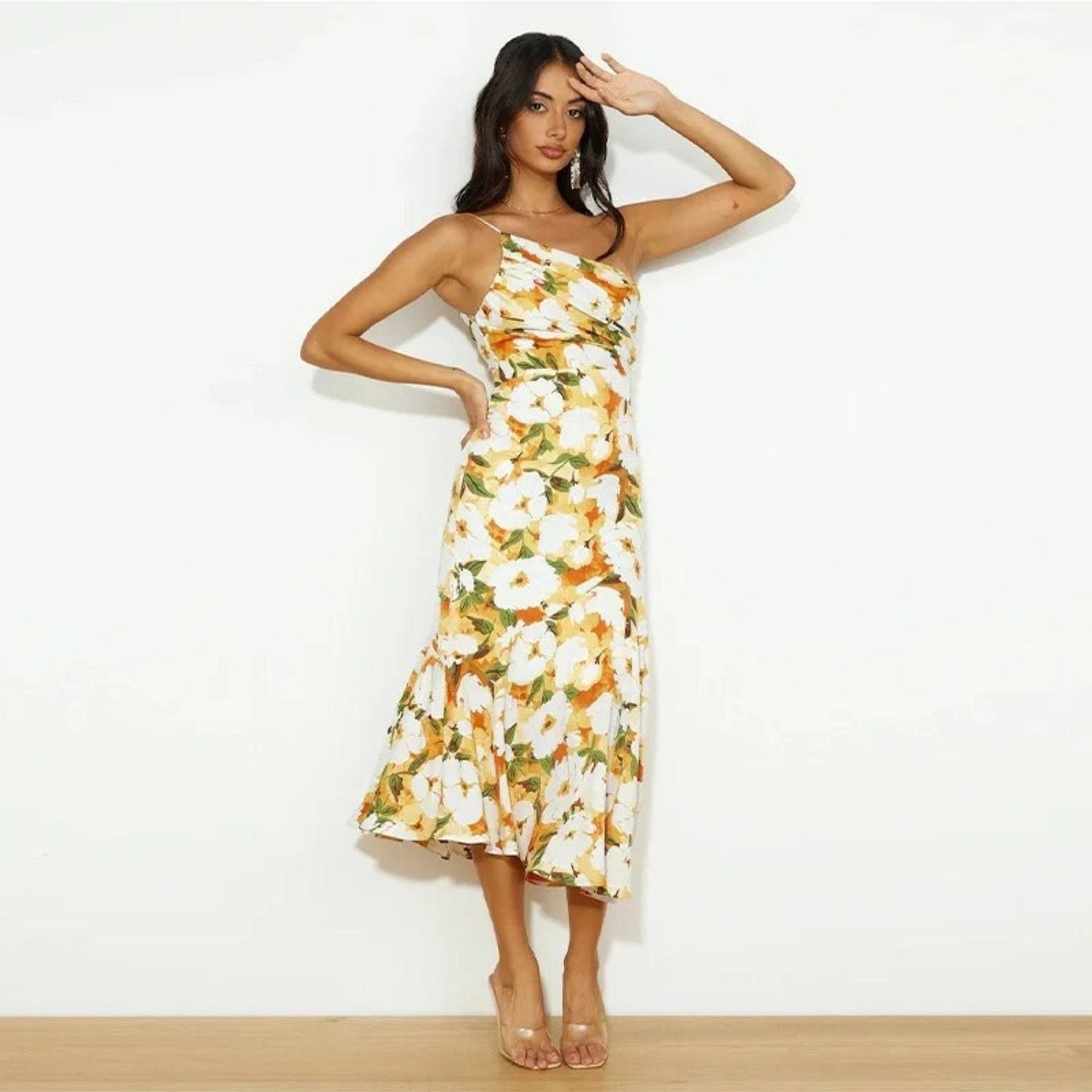 Women’s Midi Dress with One Shoulder Asymmetrical Neckline and Floral Print