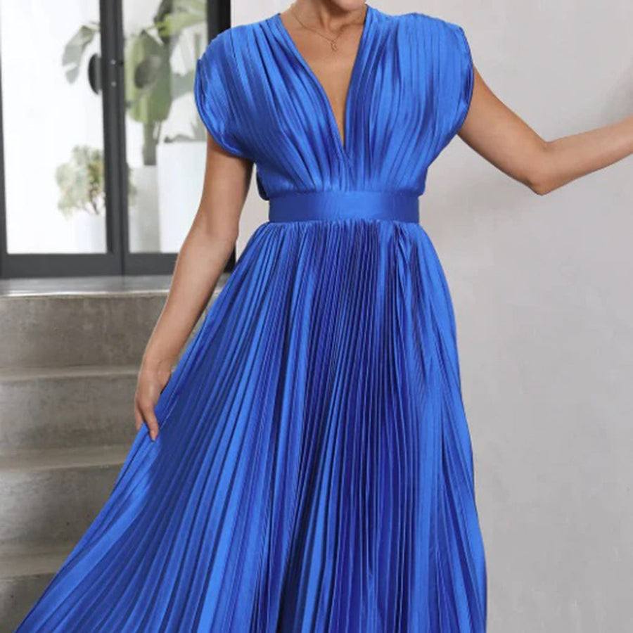 Women’s Pleated Midi Dress Deep V-Neck Cap Sleeve Wedding Guest Gown