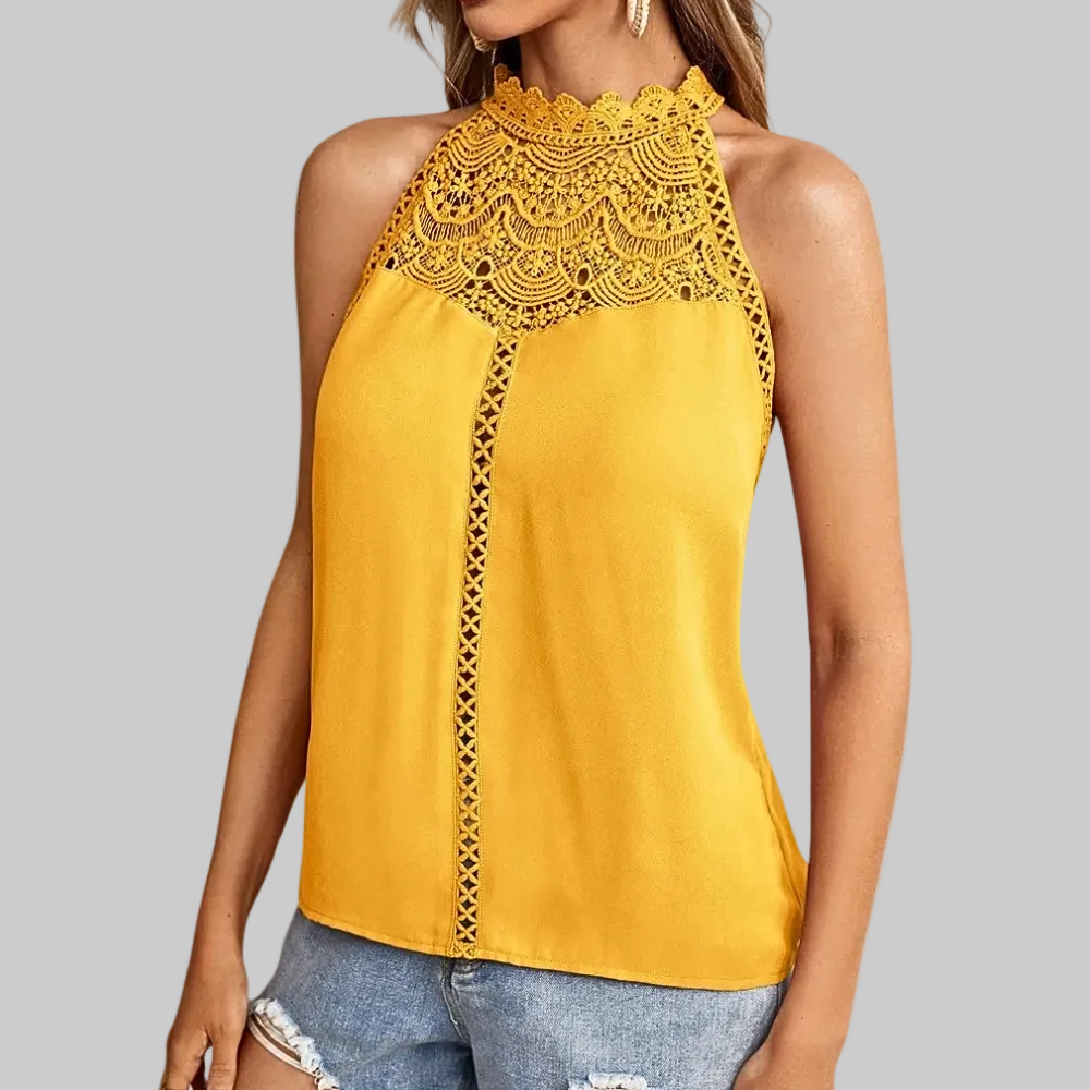 Women’s Halter Top with Mock Neck and Guipure Lace Patchwork