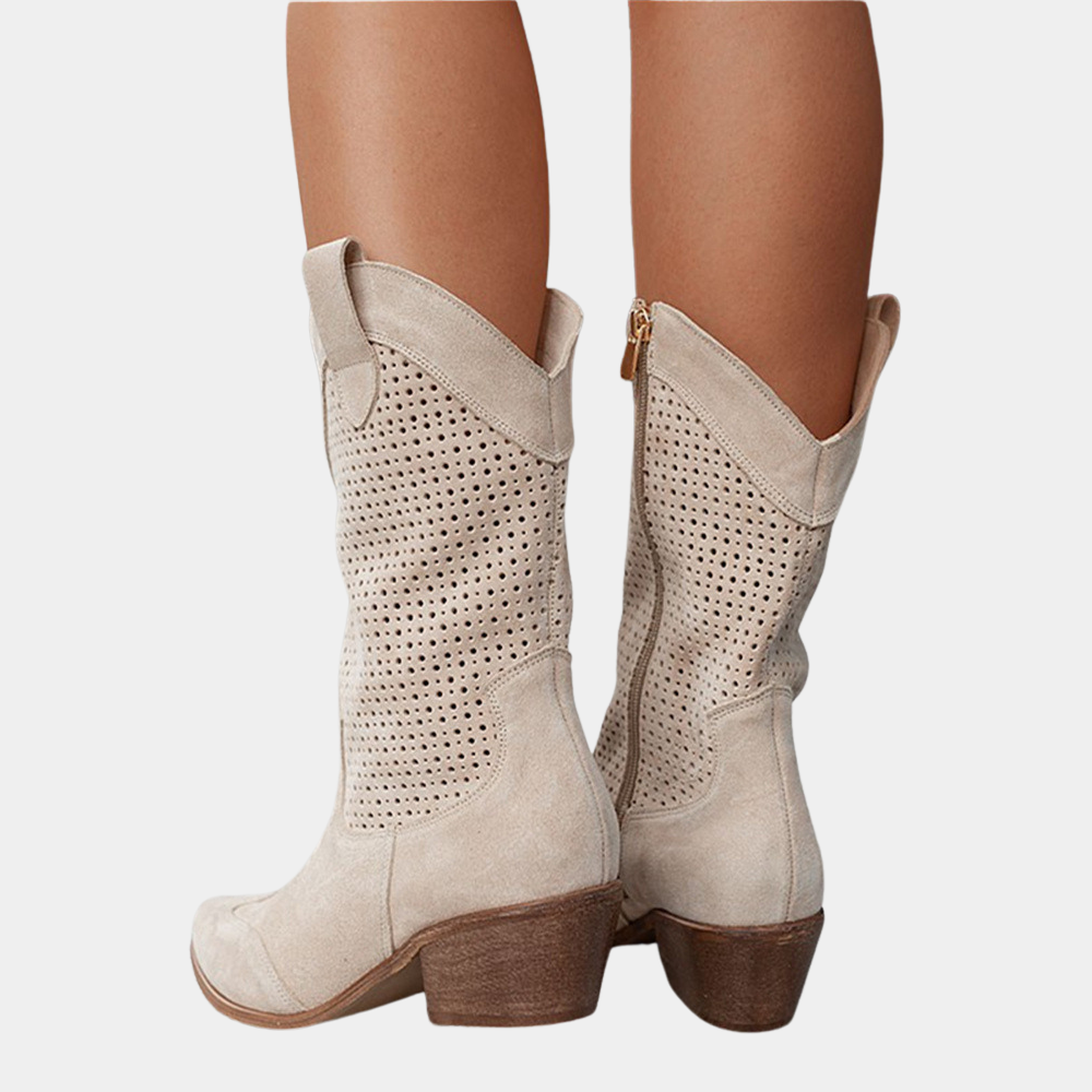 Women’s Perforated Suede Cowboy Boots with Orthopedic Support and Block Heel