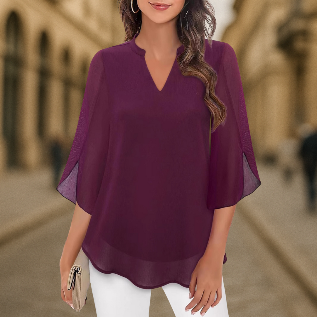 Women's V-Neck Chiffon Blouse with Long Lantern Sleeves and Relaxed Fit