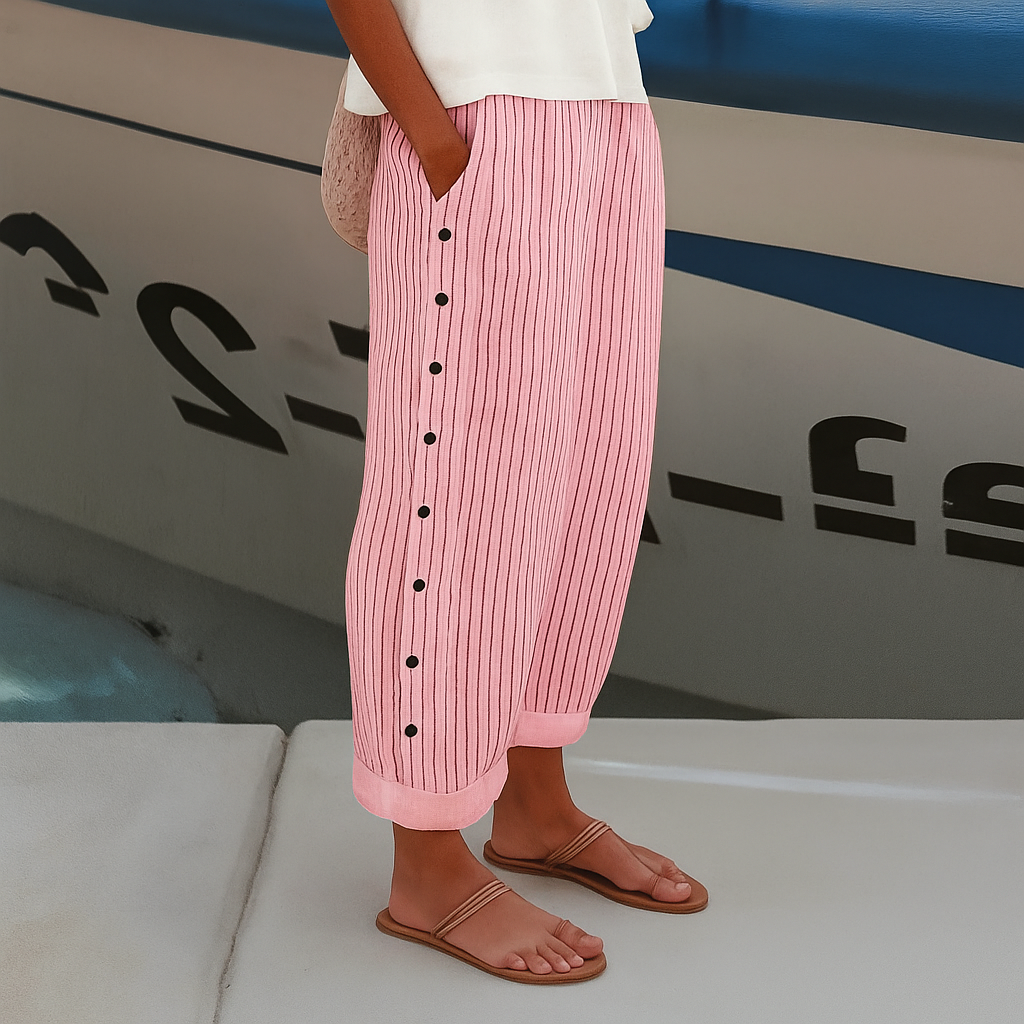 Women’s Wide Leg Pants with Side Button Detail and Striped Linen Fit