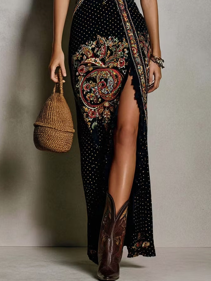 Women's Bohemian Printed Maxi Dress with Deep V-Neck for Festival Style