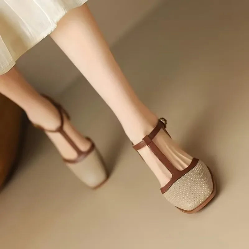 Women's Square Toe Mid-Heel Shoes with Adjustable T-Strap for All-Day Comfort