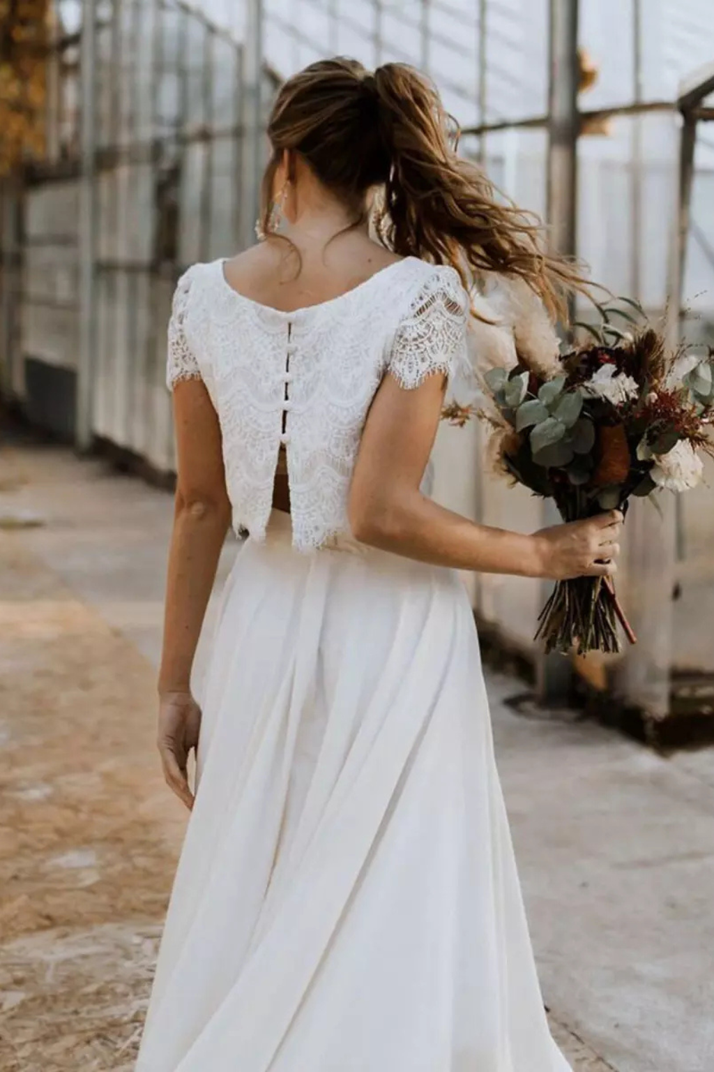 Women’s Two-Piece Set Lace Crop Top High Low Maxi Skirt Gown