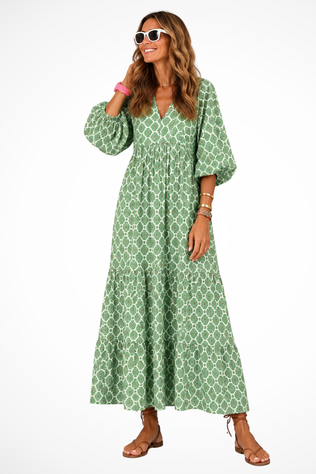 Women V Neck Boho Tiered Maxi Summer Dress