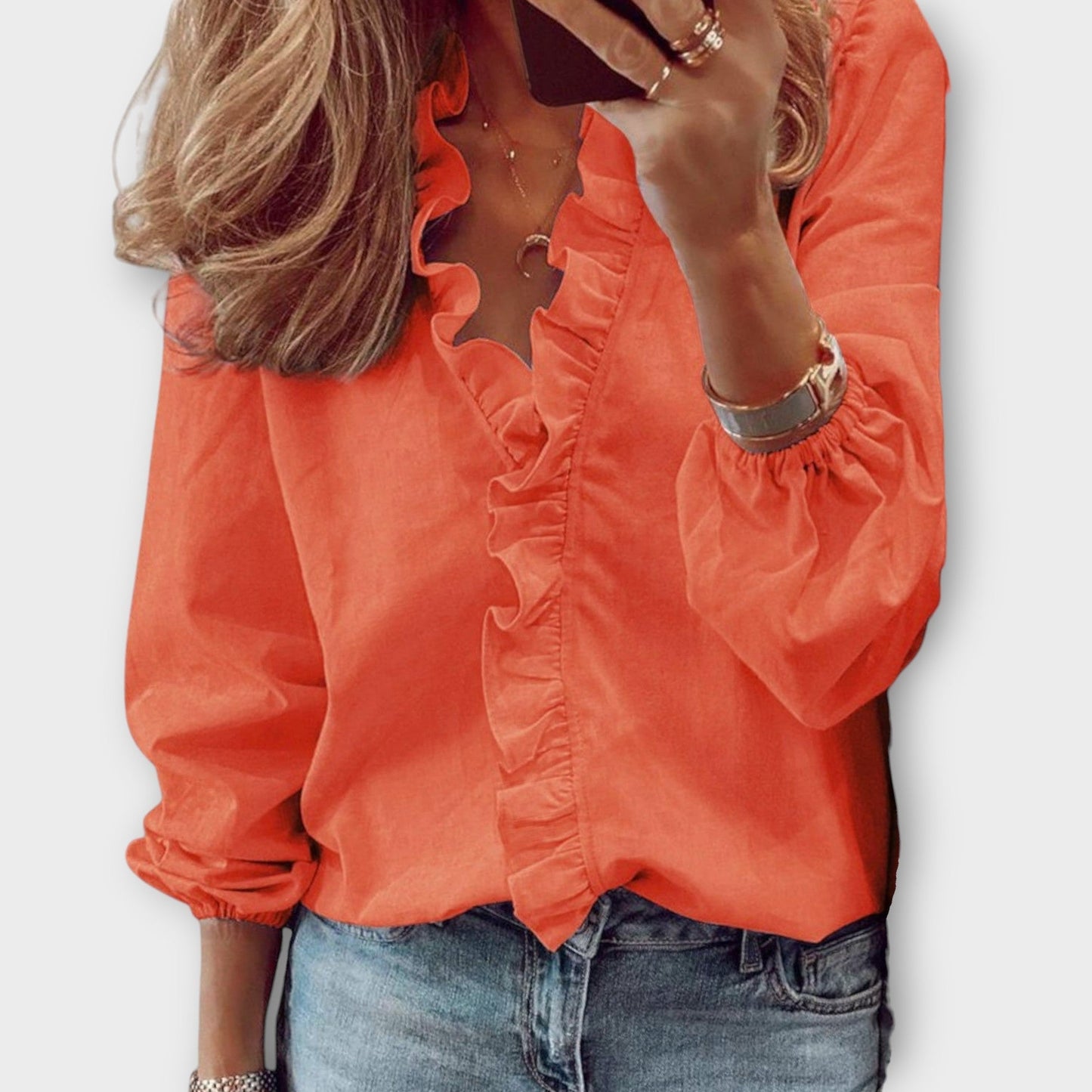Women’s Blouse with Ruffle Front Trim and Elasticated Lantern Sleeves