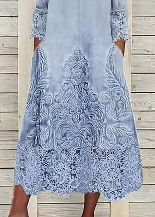Women’s Midi Dress with Lace Patchwork Hem and Functional Side Pockets