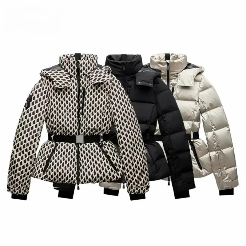 Women's Black Quilted Belted Puffer Jacket With High Collar