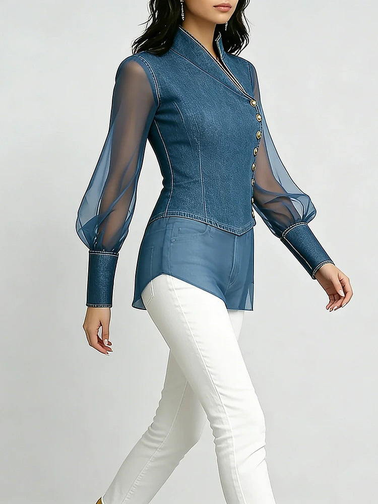 Women's Slim-Fit Organza Patchwork Shirt with Side Button Detail