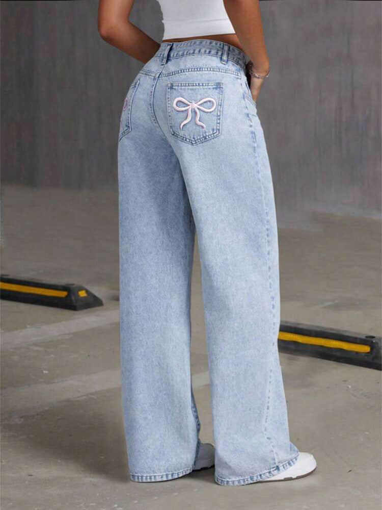 Women's Wide-Leg Denim Trousers with Vintage Korean Design