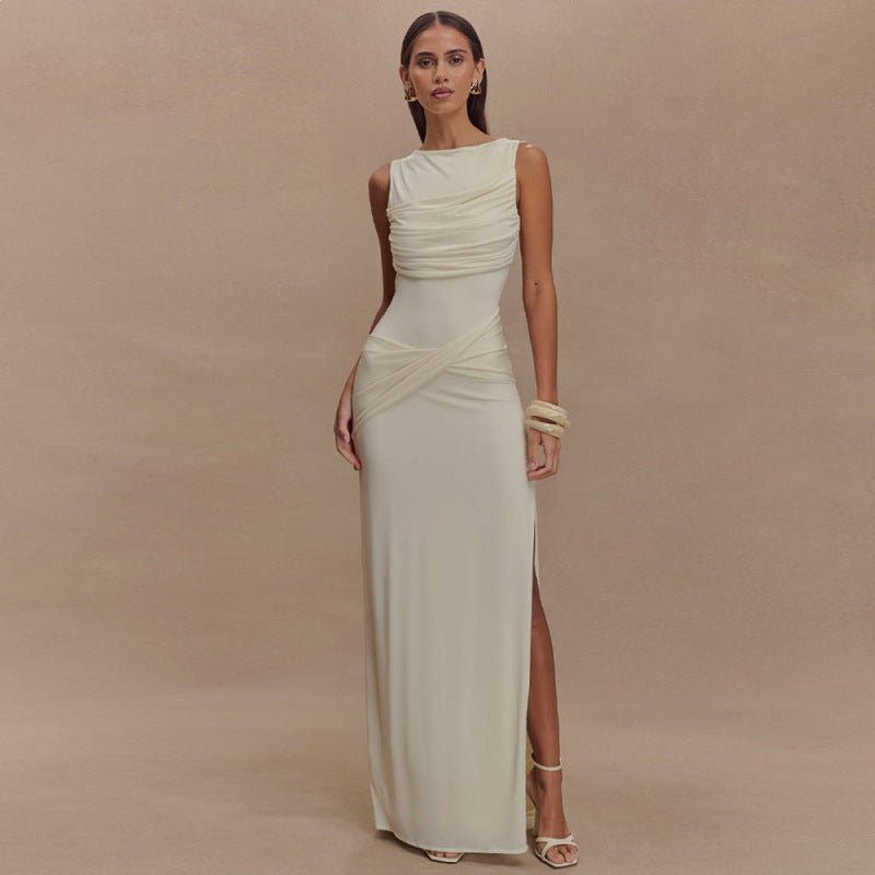 Women’s Maxi Dress with Ruched Bodice and High Side Leg Slit
