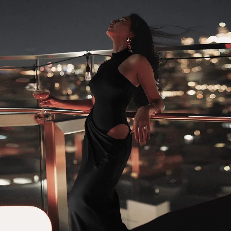 Women’s High Neck Maxi Dress with Draped Asymmetric Satin Skirt