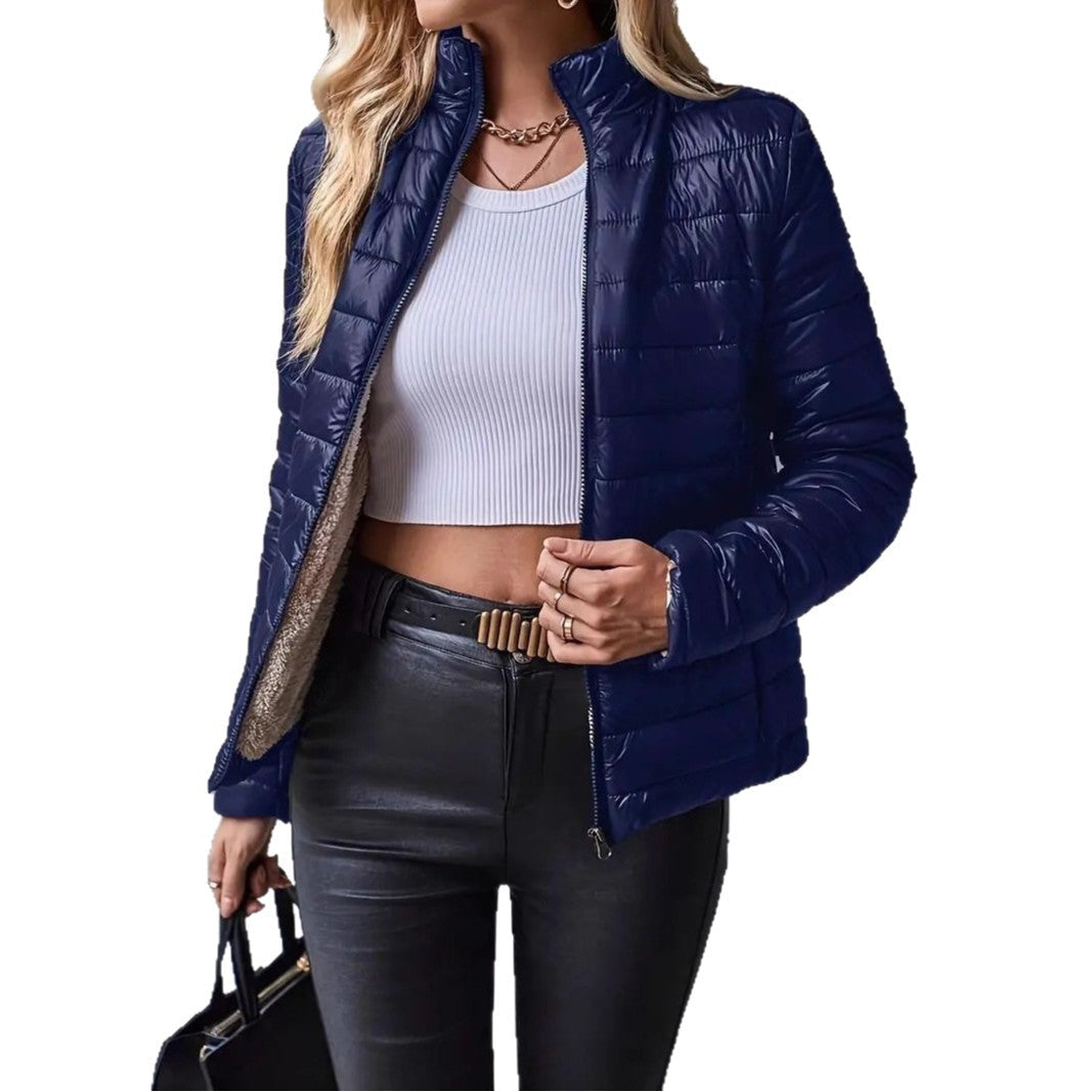 Women's Quilted Jacket Stand Collar Zip-Front