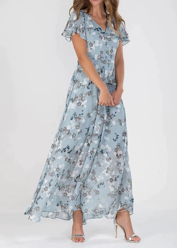 Women’s Floral Maxi Dress with Flutter Sleeves and V-Neck