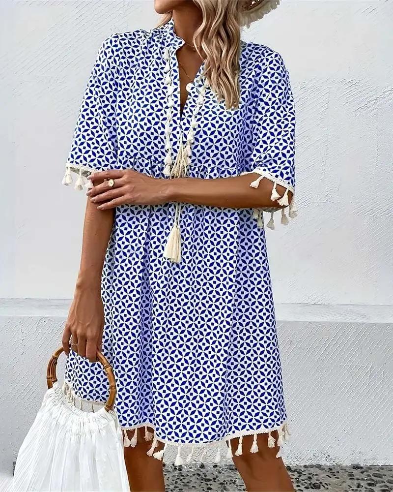 Women’s Boho Mini Tunic Dress with Tassel Fringe Hem and Geometric Diamond Print