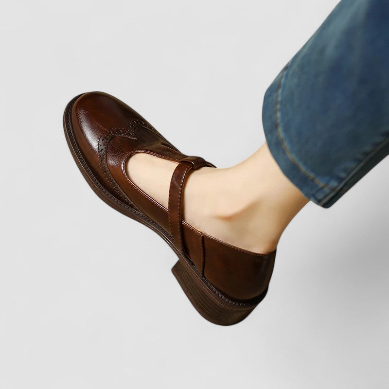 Women’s Mary Jane Shoes with T-Strap Low Heel and Perforated Detail