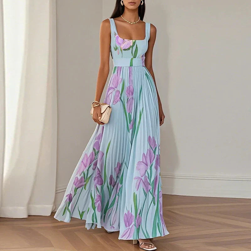 Women's Floral A-Line Maxi Dress with Square Neckline for Romantic Elegance