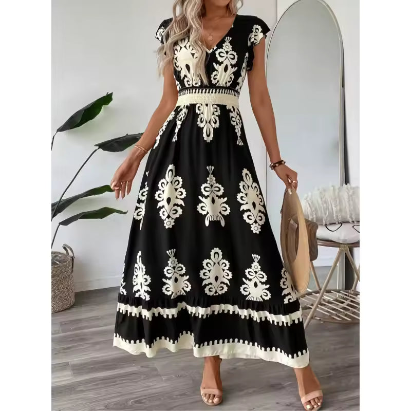 Women’s Boho Floral Midi Dress with V-Neck and Smocked High Waist