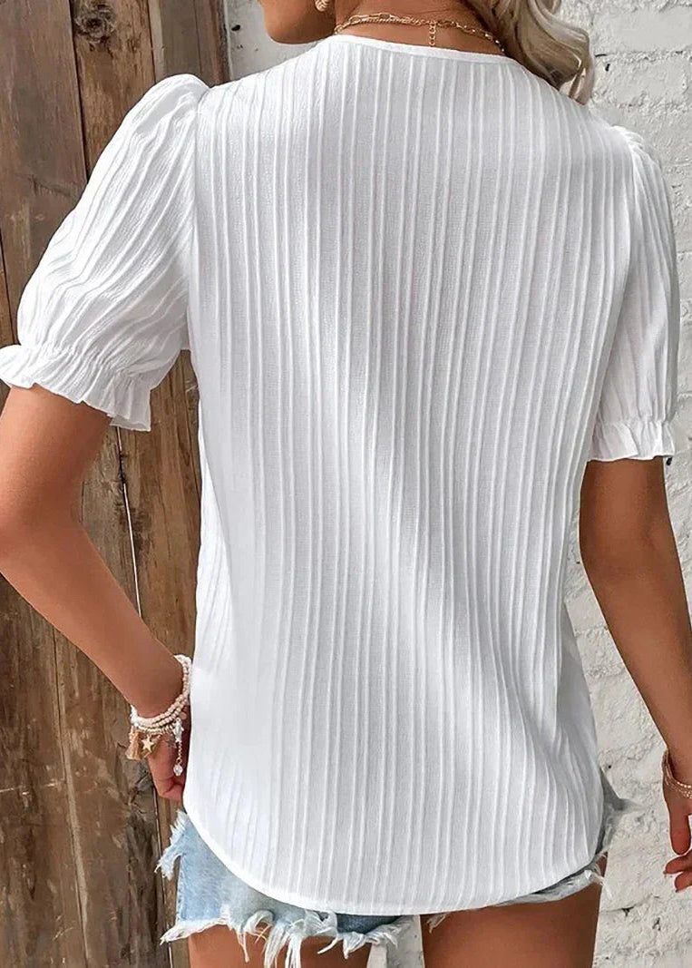 Women’s Short Sleeve Blouse with Scalloped Lace V-Neck and Pleated Texture