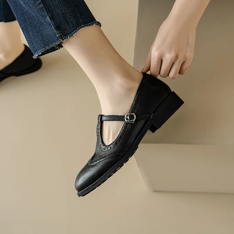 Women’s Mary Jane Shoes with T-Strap Low Block Heel and Buckle