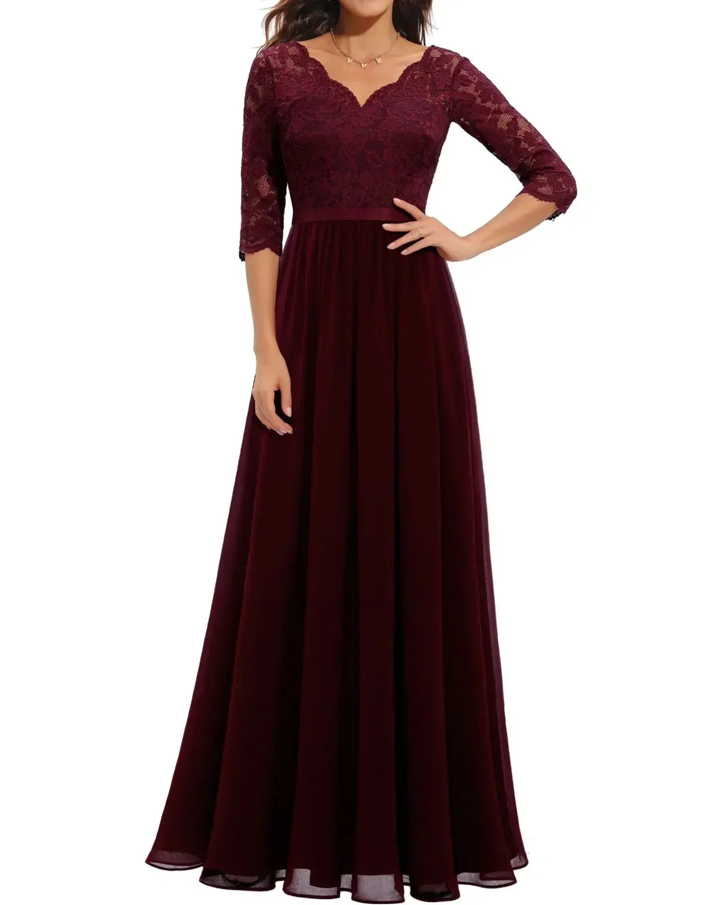 Women’s Lace Maxi Dress with Scalloped V-Neck and Three-Quarter Sleeves